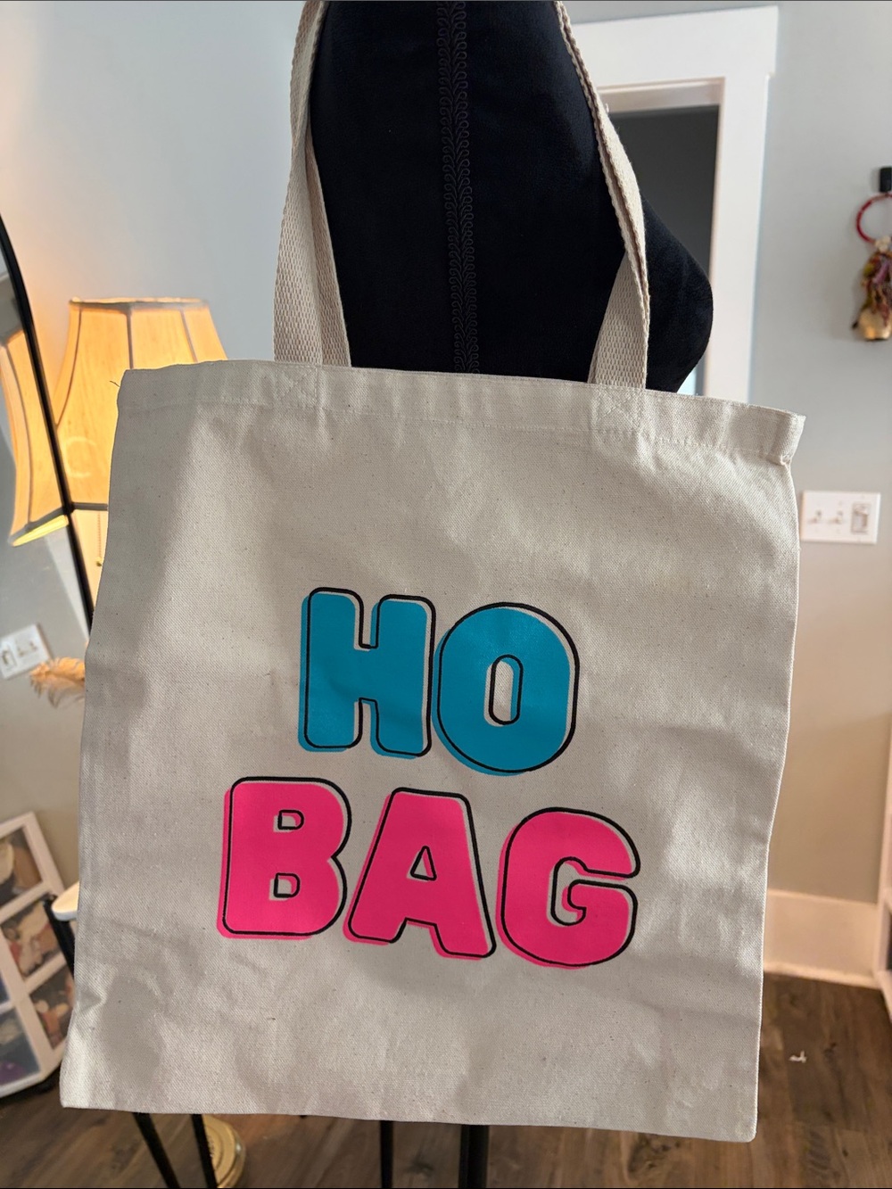 Ho Bag - Canvas Tote in Cream with Blue & Pink Lettering
